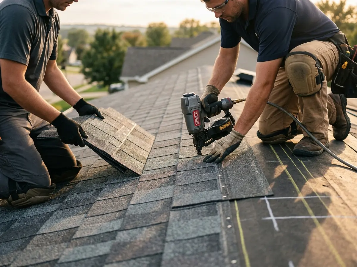 Professional roofer working on a residential roof in Melrose